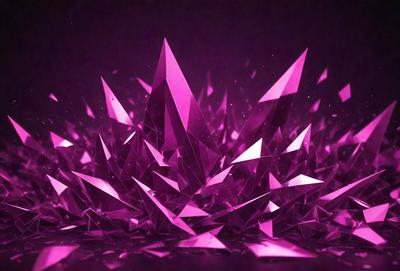 The primary subject of the image is a large, purple crystal structure. The setting is a dark, purple background, which contrasts with the bright, pink crystal. The visual style is a combination of digital art and illustration, creating a unique and eye-catching design. The colors and mood of the image are predominantly purple and pink, giving it a vibrant and lively atmosphere.