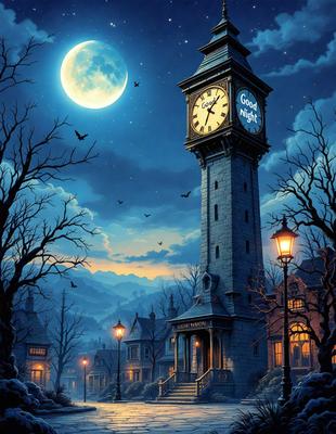 The primary subject of the image is a large clock tower with a moon and stars in the background. The setting is a nighttime cityscape, and the visual style is a digital art or illustration. The colors and mood of the image are predominantly dark, with the clock tower and moon and stars being the main focal points.