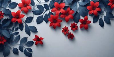 The primary subject of the image is a close-up of a red flower, which is the focal point of the scene. The setting is a white wall, providing a clean and minimalistic background. The visual style is a combination of photo and digital art, creating a realistic yet artistic representation of the flower. The dominant colors are red and white, giving the image a bold and vibrant atmosphere.