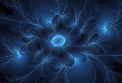The primary subject of the image is a blue and purple flower with a swirling center. The flower is surrounded by a blue background, which adds to the overall visual style. The colors and mood of the image are predominantly blue and purple, creating a serene and calming atmosphere.
