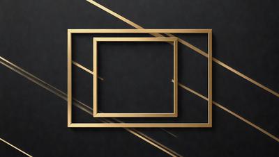 The primary subject of the image is a square frame with a black background. The setting is a dark room, and the visual style is a digital art or illustration. The colors are predominantly black and gold, creating a sophisticated and elegant atmosphere.