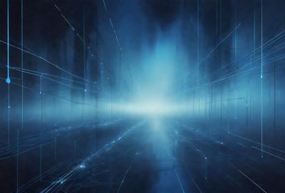 The primary subject of the image is a long, narrow hallway with a blue lighting effect. The setting is a futuristic environment, possibly a space station or a high-tech facility. The visual style is a combination of digital art and illustration, creating a surreal and captivating atmosphere. The dominant colors are blue and white, with the blue lighting adding a sense of depth and intrigue to the scene.