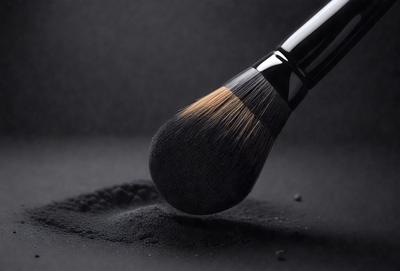 The primary subject of the image is a makeup brush, which is placed on a black surface. The brush is a large, round, and white brush, and it is resting on a black background. The visual style of the image is a close-up of the brush, showcasing its details. The colors in the image are predominantly black, giving the scene a sleek and modern appearance.