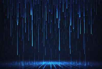The primary subject of the image is a rainy scene with a blue background. The setting is a dark, rainy night with a blue sky. The visual style is a digital art or illustration, creating a moody and atmospheric mood. The dominant colors are blue and gray, with the blue sky and raindrops creating a sense of depth and contrast.