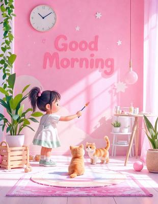 The primary subject of the image is a little girl painting a picture on a pink wall. The setting is a room with a pink color scheme, and the visual style appears to be a combination of digital art and illustration. The mood of the image is cheerful and playful, as the girl is enjoying her creative activity.
