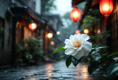 The primary subject of the image is a white flower with yellow accents, sitting on a leaf in a rainy environment. The setting is a narrow alleyway with a brick surface, and the visual style appears to be a photo. The dominant colors are white and yellow, creating a serene and calming atmosphere.