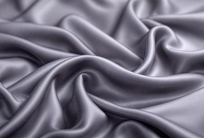 The primary subject of the image is a close-up of a piece of fabric, which appears to be a silky, shiny, and smooth material. The setting is a room with a gray background, which provides a clean and minimalistic environment. The visual style is a close-up of the fabric, showcasing its texture and appearance. The colors and mood of the image are predominantly gray, giving it a calm and sophisticated atmosphere.