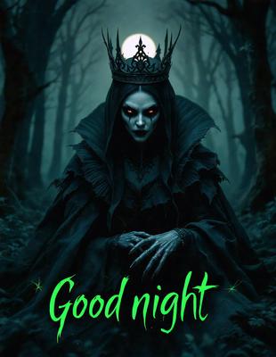 The primary subject of the image is a woman dressed in a black gown, wearing a crown and sitting in a forest. The setting is a dark, eerie forest with trees in the background. The visual style is a digital art or illustration, creating a spooky and mysterious atmosphere. The colors are predominantly dark, with the woman's gown and the forest being the main focus.