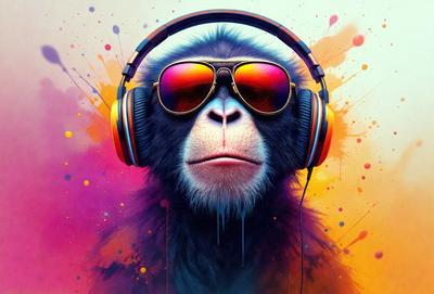 The primary subject of the image is a monkey wearing sunglasses and headphones. The monkey is the main focus of the image, and it appears to be enjoying its time listening to music. The setting is a colorful background, which adds to the overall atmosphere of the image. The visual style is a combination of digital art and illustration, creating a vibrant and lively scene. The colors and mood of the image are predominantly bright and cheerful, reflecting the fun and playful
