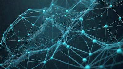The primary subject of the image is a blue, three-dimensional network of interconnected lines, which resembles a web or a spider's web. The setting is a dark background, which contrasts with the bright blue lines. The visual style is a digital art or illustration, as the lines are intricately connected and the overall composition is complex. The colors and mood of the image are predominantly blue, creating a sense of depth and complexity.