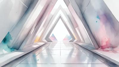 The primary subject of the image is a white, three-sided tunnel with a bright light shining through it. The setting is a white room with a large, open space. The visual style is a combination of digital art and illustration, creating a unique and captivating scene. The colors and mood are predominantly white, giving the image a clean and minimalist appearance.