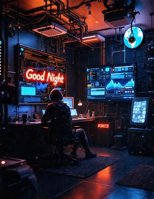 The primary subject of the image is a man sitting at a desk in a room with multiple computer monitors. The setting appears to be a futuristic or high-tech environment, as indicated by the presence of the monitors and the overall atmosphere. The visual style of the image is a combination of photo and digital art, creating a unique and immersive experience for the viewer. The colors and mood of the image are predominantly dark and moody, with the man sitting in front of the monitors as the foc
