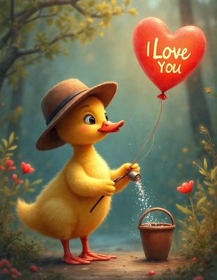 The image features a cute cartoon duck wearing a hat and holding a balloon. The duck is standing next to a bucket, and the scene appears to be set in a forest. The visual style of the image is a combination of digital art and illustration, creating a whimsical and playful atmosphere. The primary subject of the image is the cute duck, and the colors and mood are predominantly warm and inviting.