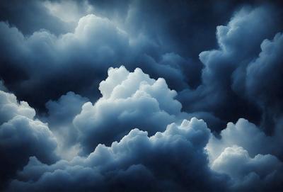 The primary subject of the image is a cloudy sky with dark clouds and a blue background. The setting is a cloudy day, and the visual style is a photo. The dominant colors are blue and dark, creating a moody atmosphere.