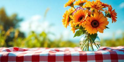 The primary subject of the image is a vase filled with yellow and orange flowers, placed on a table. The setting is an outdoor environment, with a table and a chair visible in the background. The visual style is a photo, capturing the beauty of the flowers and the table setting. The colors and mood of the image are warm and inviting, with the vibrant colors of the flowers and the tablecloth creating a cheerful atmosphere.