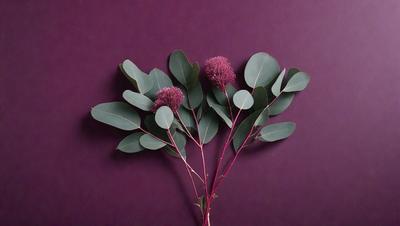 The primary subject of the image is a bouquet of flowers, which are displayed on a purple wall. The flowers are green and red, and they are arranged in a visually appealing manner. The setting is a wall, and the visual style is a photo. The colors and mood of the image are predominantly purple, creating a calm and serene atmosphere.