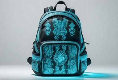The primary subject of the image is a backpack with a blue and black design. The backpack is placed on a white surface, which serves as the background. The visual style of the image is a combination of photo and digital art, as it features a close-up of the backpack with a blue and black pattern. The colors and mood of the image are predominantly blue and black, giving it a modern and stylish appearance.