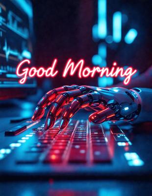 The primary subject of the image is a robotic hand typing on a computer keyboard. The setting is a dark room with a computer desk and keyboard. The visual style is a digital art or illustration, creating a futuristic and technological atmosphere. The colors are predominantly blue, with the robotic hand and keyboard being the main focus, and the overall mood is one of advanced technology and automation.