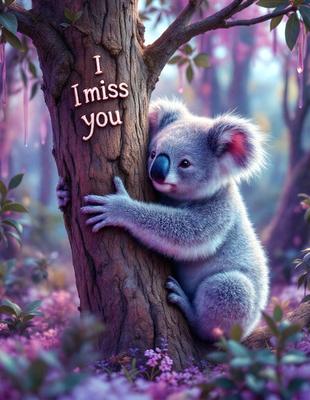 The primary subject of the image is a koala bear. The koala is hugging a tree, with its arms wrapped around it. The setting is a forest, with trees and flowers visible in the background. The visual style is digital art, as the koala is depicted in a whimsical and colorful manner. The dominant colors are pink and green, creating a warm and cheerful atmosphere.