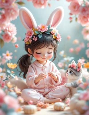 The primary subject of the image is a young girl wearing a pink dress and sitting on the ground. She is surrounded by a beautiful garden setting, with pink flowers and a cat nearby. The visual style of the image is a digital art or illustration, creating a whimsical and charming atmosphere. The colors and mood of the image are predominantly pink, which adds to the overall warmth and innocence of the scene.
