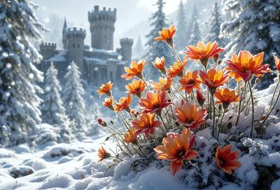 The primary subject of the image is a beautiful flower arrangement in the snow. The setting is a snowy landscape with a castle in the background, creating a picturesque and serene atmosphere. The visual style is a combination of photo and digital art, resulting in a stunning and realistic representation of the flower arrangement. The colors and mood of the image are predominantly white and cold, with the warmth of the flowers contrasting against the snowy backdrop.