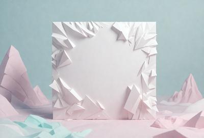The primary subject of the image is a square piece of paper with a creative design on it. The paper is folded into a unique shape, giving it a distinct appearance. The setting is a table, and the visual style is a combination of digital art and illustration. The colors and mood of the image are predominantly pink and white, creating a warm and inviting atmosphere.