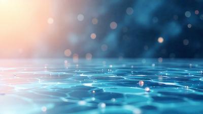The primary subject of the image is a body of water, possibly a lake or a pool, with a blue color. The setting is a dark blue background, which contrasts with the water. The visual style is a close-up of the water, showcasing the droplets and the overall atmosphere is serene and peaceful.