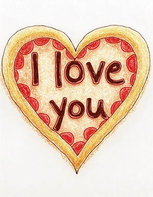 The primary subject of the image is a heart-shaped pizza with pepperoni toppings. The heart is made of pizza slices, and the words "I love you" are written in the middle of the heart. The setting is a white background, and the visual style is a hand-drawn illustration. The colors are predominantly red and yellow, giving the image a warm and inviting atmosphere.