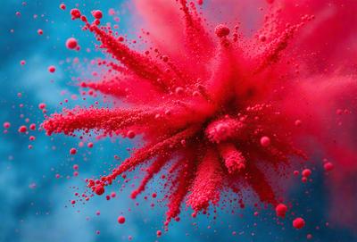 The primary subject of the image is a close-up of a red flower with a pink center, surrounded by a blue background. The visual style of the image is a combination of a photo and digital art, creating a unique and eye-catching effect. The dominant colors in the image are red and pink, with the blue background providing a contrasting and calming atmosphere.