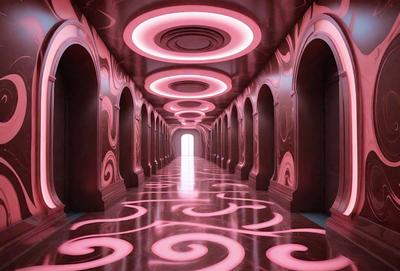 The primary subject of the image is a long hallway with a patterned floor. The setting is a large, ornate room with a pink and purple color scheme. The visual style is a combination of photo and digital art, creating a surreal and artistic atmosphere. The colors and mood of the image are predominantly pink and purple, giving the space a warm and inviting feel.