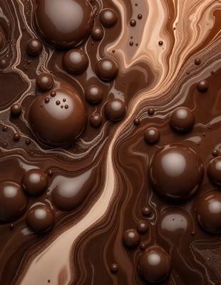 The primary subject of the image is a close-up of chocolate, showcasing its texture and appearance. The setting is a chocolate-covered surface, which could be a chocolate bar, a chocolate cake, or a chocolate-themed background. The visual style is a close-up, focusing on the details of the chocolate. The colors and mood of the image are predominantly brown and rich, evoking a sense of indulgence and satisfaction.