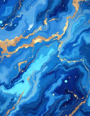 The primary subject of the image is a blue and gold swirling pattern, which appears to be a painting or a digital artwork. The setting is a blue and gold background, which complements the main subject. The visual style is a mix of digital art and painting, creating a unique and eye-catching design. The colors and mood of the image are predominantly blue and gold, giving it a warm and vibrant atmosphere.