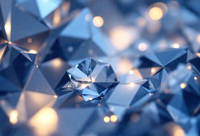 The primary subject of the image is a close-up of a crystal, which is the main object in the scene. The setting is a blue background, which creates a contrast with the crystal. The visual style is a digital art, as the image is a close-up of a crystal with a blue background. The colors and mood of the image are predominantly blue, giving it a calm and serene atmosphere.