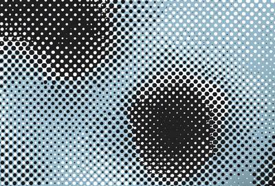 The primary subject of the image is a close-up of a blue and white polka dot pattern. The setting is a blue background, and the visual style appears to be a digital art or illustration. The dominant colors are blue and white, creating a calm and soothing atmosphere.