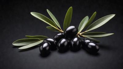 The primary subject of the image is a group of black olives. They are arranged on a black surface, which could be a table or a countertop. The olives are placed in a visually appealing manner, creating an artistic display. The setting or background of the image is a dark or black surface, which contrasts with the olives, making them stand out. The visual style of the image is a close-up of the olives, emphasizing their shape and texture. The colors and mood of the image are