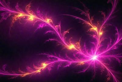 The primary subject of the image is a purple and yellow flame pattern. The setting is a dark background, which contrasts with the bright colors of the flame pattern. The visual style appears to be a digital art or illustration, as the flame pattern is intricately detailed and has a vibrant, luminous appearance. The dominant colors are purple and yellow, creating a warm and inviting atmosphere.
