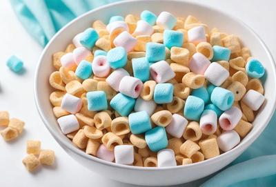 The primary subject of the image is a bowl filled with marshmallows. The marshmallows are of various colors, including blue, pink, and yellow. The bowl is placed on a table, and the marshmallows are arranged in a visually appealing manner. The overall atmosphere of the image is cheerful and fun, as the marshmallows are often associated with outdoor activities and camping trips.