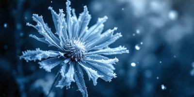 Primary subject: A flower covered in frost.

Setting/background: The flower is surrounded by a snowy environment.

Visual style: The image is a photo of the flower.

Colors and mood: The dominant colors are blue and white, creating a cold and icy atmosphere.