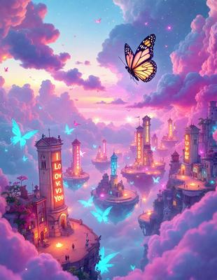 Primary subject: A city with a castle and a butterfly flying above it.

Setting/background: The city is set in a cloudy sky, with a castle and a butterfly flying above it.

Visual style: The image is a digital art or illustration.

Colors and mood: The image has a vibrant and whimsical atmosphere, with the use of bright colors and the presence of the butterfly adding a sense of playfulness to the scene.