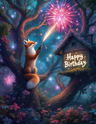 The primary subject of the image is a fox sitting in a tree. The setting is a forest with a house in the background. The visual style is digital art, and the colors and mood are vibrant and lively.