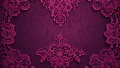 The primary subject of the image is a purple wall with a lace pattern. The setting is a room with a purple wallpaper, and the visual style is a close-up of the wallpaper. The dominant colors are purple and pink, creating a warm and inviting atmosphere.