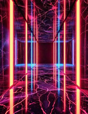 The primary subject of the image is a hallway with a mirrored surface. The setting is a room with a mirrored wall, and the visual style is a combination of a photo and digital art. The colors and mood of the image are predominantly pink and purple, creating a vibrant and lively atmosphere.