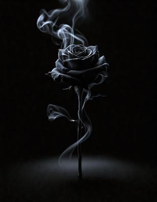 The primary subject of the image is a single black rose. The rose is placed on a dark background, which creates a dramatic and moody atmosphere. The visual style of the image is a black and white photo, giving it a classic and timeless appearance. The colors and mood of the image are predominantly dark, with the black rose being the focal point and the background serving as a contrasting element.