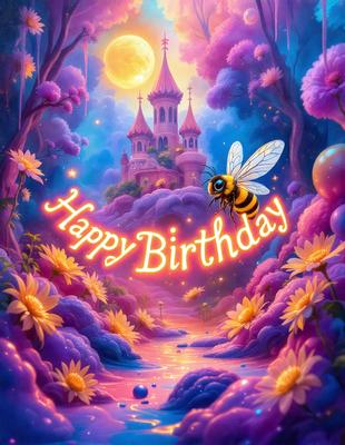 The primary subject of the image is a bee, which is sitting on a flower in a colorful, whimsical setting. The bee is surrounded by a variety of flowers, creating a vibrant and lively atmosphere. The visual style of the image is a combination of digital art and illustration, with the bee and flowers appearing as if they are part of a painting or drawing. The colors and mood of the image are predominantly bright and cheerful, with the flowers and bee creating a sense of happiness