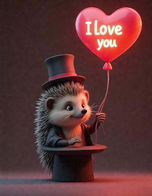The primary subject of the image is a cute, anthropomorphic hedgehog holding a heart-shaped balloon. The setting is a dark background, which contrasts with the bright red heart balloon. The visual style is a combination of digital art and illustration, creating a whimsical and playful atmosphere. The colors and mood are predominantly dark and moody, with the red heart balloon adding a touch of warmth and positivity to the scene.