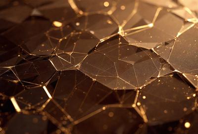 The primary subject of the image is a close-up of a gold-colored, geometric pattern. The setting is a black background, which contrasts with the gold pattern. The visual style appears to be a combination of digital art and illustration, creating a unique and eye-catching design. The dominant colors are gold and black, giving the image a luxurious and sophisticated mood.