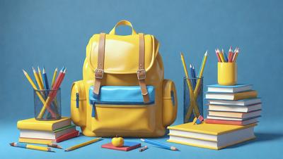 The primary subject of the image is a yellow backpack with a blue pouch. The backpack is placed on a table with a variety of books and pencils. The setting is an indoor environment, likely a study or workspace. The visual style is a combination of photo and digital art, creating a realistic yet artistic representation of the scene. The colors and mood are bright and cheerful, with the yellow backpack and blue pouch standing out against the backdrop of books and pencils.