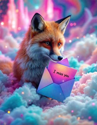 The primary subject of the image is a fox holding a card. The setting is a colorful, pink and purple background, which creates a vibrant and lively atmosphere. The visual style is a combination of photo and digital art, giving the image a unique and artistic appearance. The colors and mood convey a sense of playfulness and creativity.
