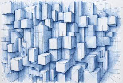 The primary subject of the image is a blue, three-dimensional drawing of a building. The setting is a blue background, and the visual style is a digital art or illustration. The drawing features a large number of blue boxes, creating a complex and intricate design. The overall atmosphere of the image is one of creativity and artistic expression.