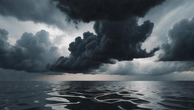 The primary subject of the image is a large, dark cloud hovering over the ocean. The setting is the vast expanse of the ocean, with the cloud looming over the water. The visual style is a black and white photo, which adds a dramatic and moody atmosphere to the scene. The dominant colors are black, white, and gray, with the cloud being the most prominent feature in the image.